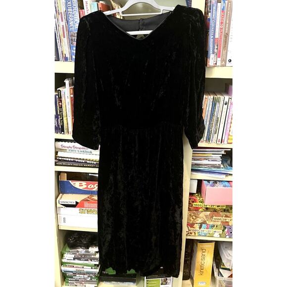 Stunning Crushed Velvet Black Open Back Dress Vintage 80s Midi Elegant Lined M - Picture 2 of 6